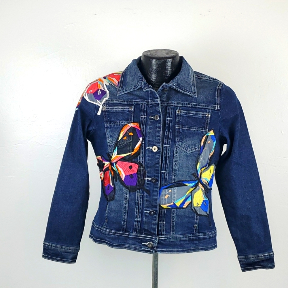 AMI Butterfly Embroidered Blue Cotton Blend Denim Jeans Jacket Women  Size S